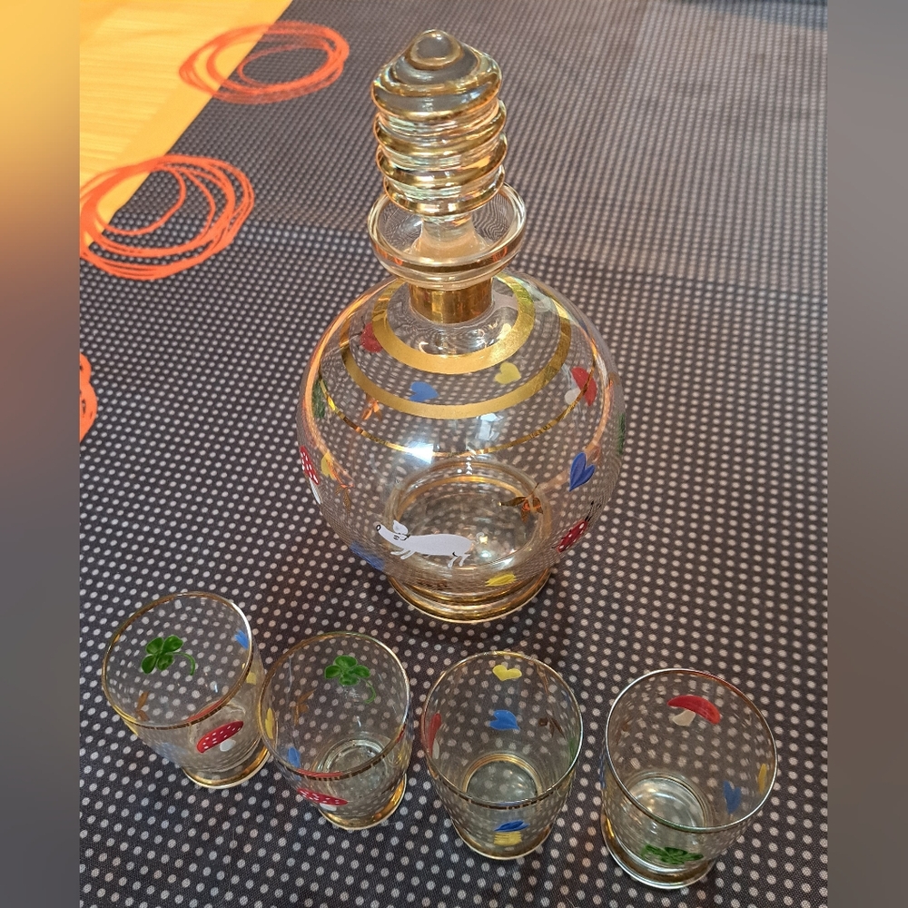 Colorful Glass Decanter Set with Gold Accents, Mushrooms, Pig, Ladybugs Etc..